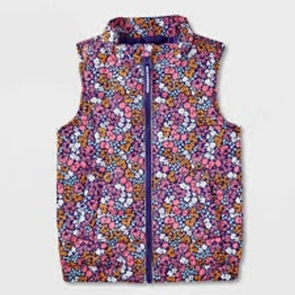 Cat & Jack Toddler Puffer Vest 2T Purple Floral Quilted Full Zip Jacket